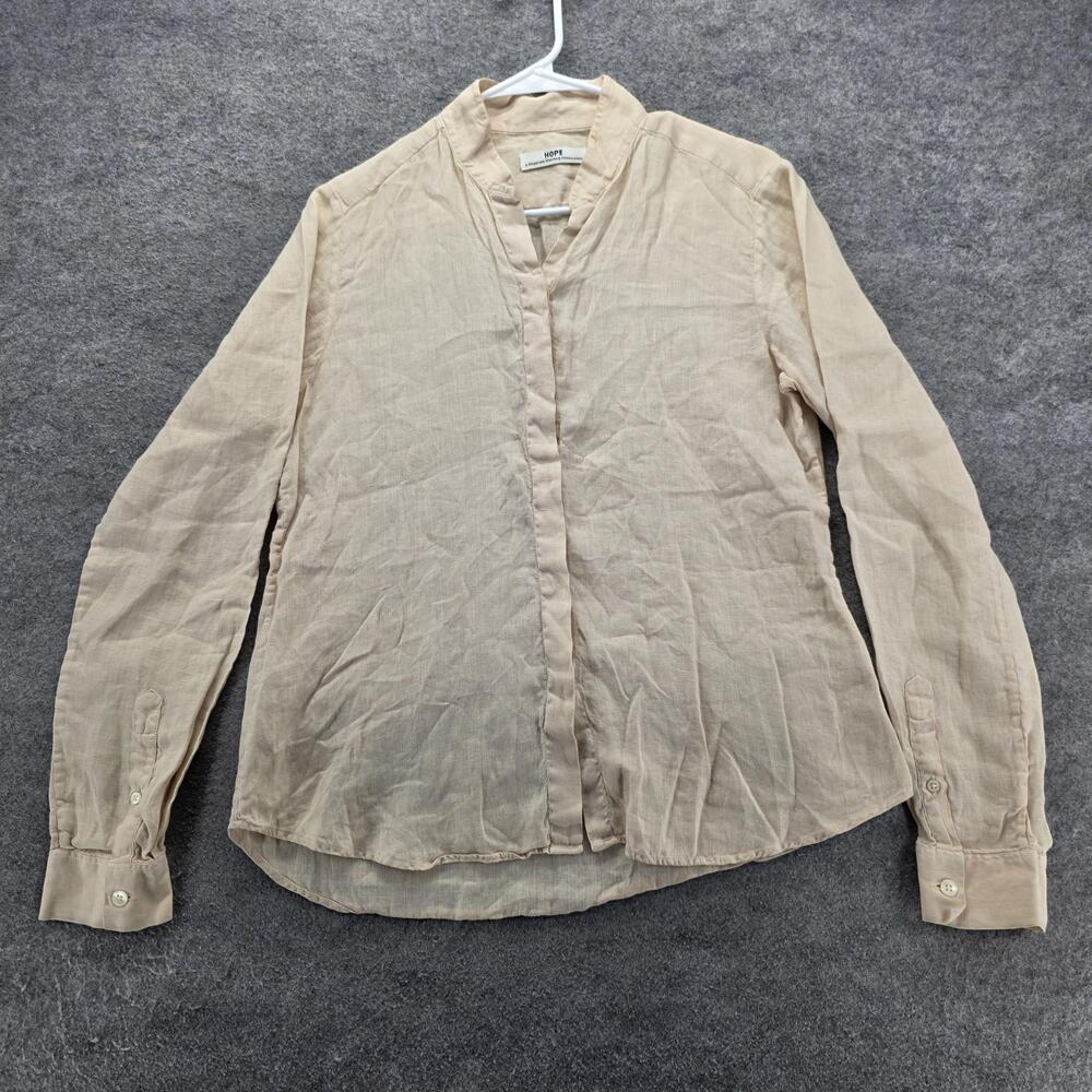 HOPE Blouse Womens 38 Beige Lightweight Semi Sheer Hidden Placket Long Sleeve